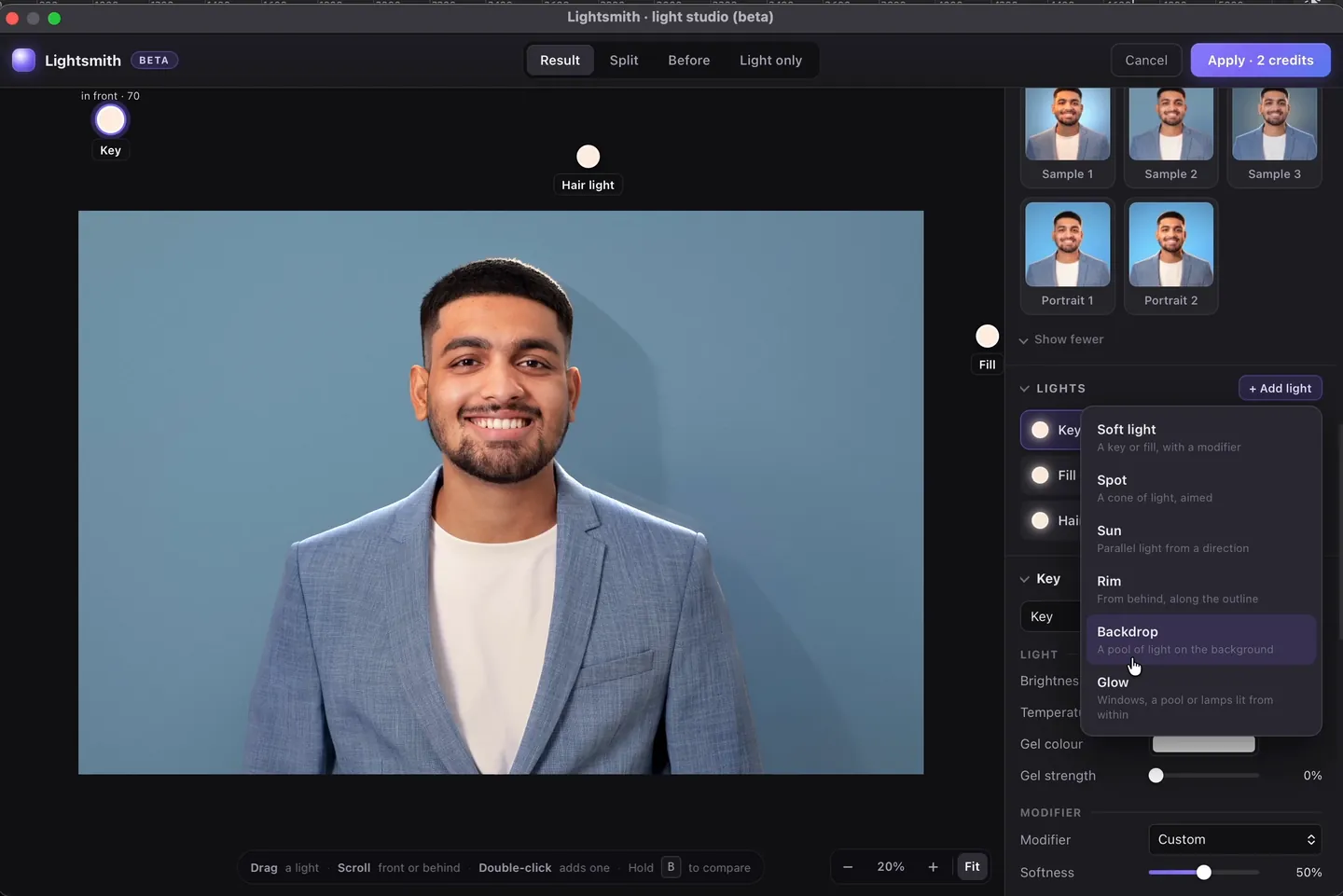 The Add light menu in Lightsmith: Soft light, Spot, Sun, Rim, Backdrop and Glow