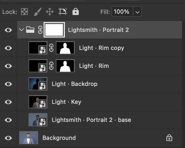 The Photoshop Layers panel after Lightsmith: a folder with Light Rim copy, Light Rim, Light Backdrop, Light Key and a base layer