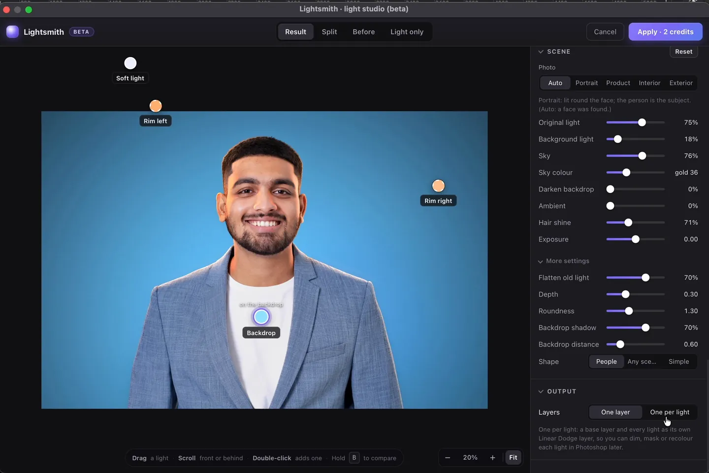 Lightsmith's Output setting: Layers, One layer or One per light