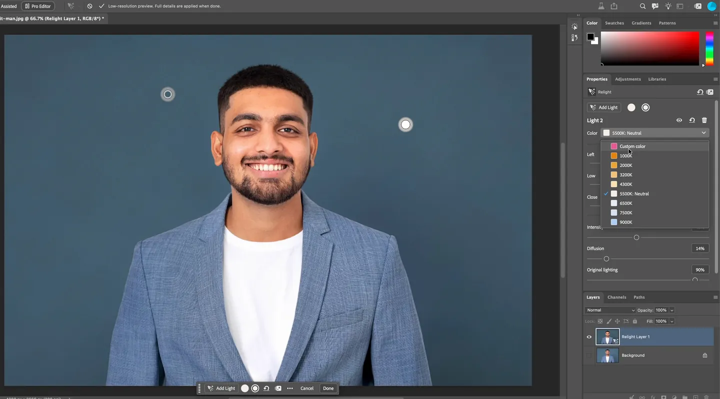 Photoshop's Relight in the Photoshop beta: a portrait with two light handles and the Relight properties panel with colour temperatures, intensity, diffusion and original lighting