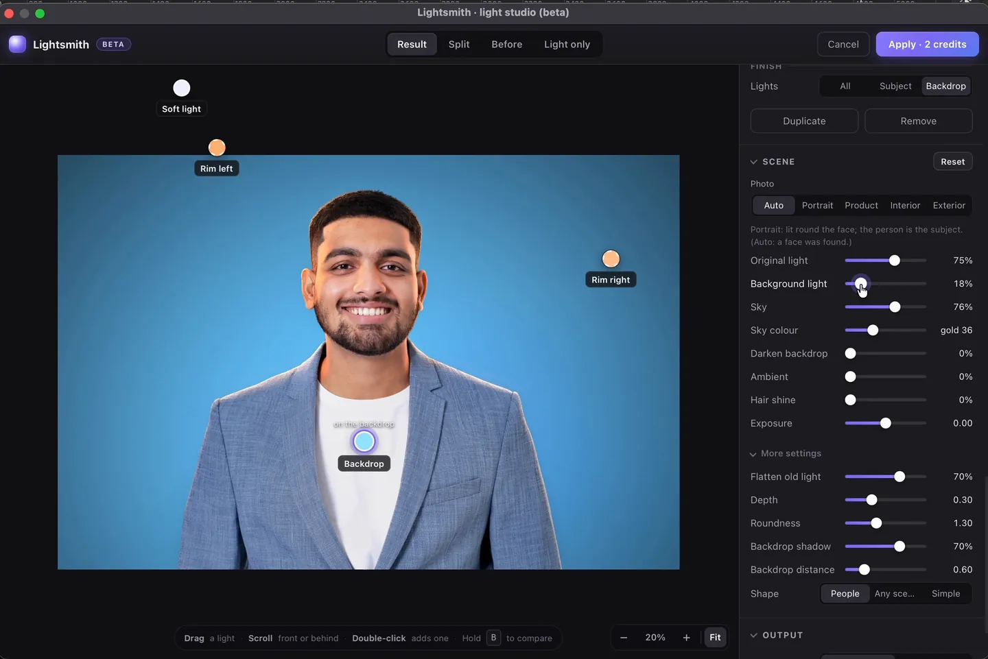 Lightsmith's Scene settings: Original light, Background light, Sky, Sky colour, Darken backdrop, Ambient, Hair shine and Exposure