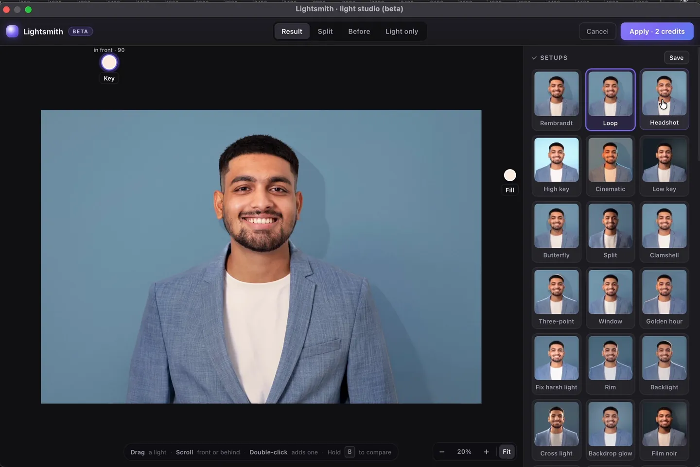 Lightsmith's setups for a portrait, each previewed on the photo: Rembrandt, Loop, Headshot, High key, Cinematic, Low key and more