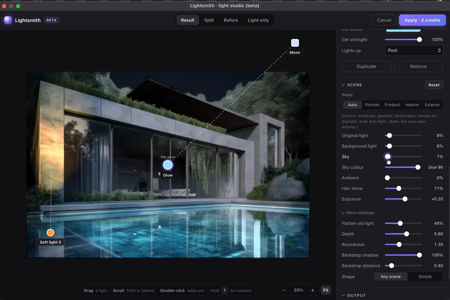 Lightsmith's Scene settings with Sky turned down and the villa's sky darkened