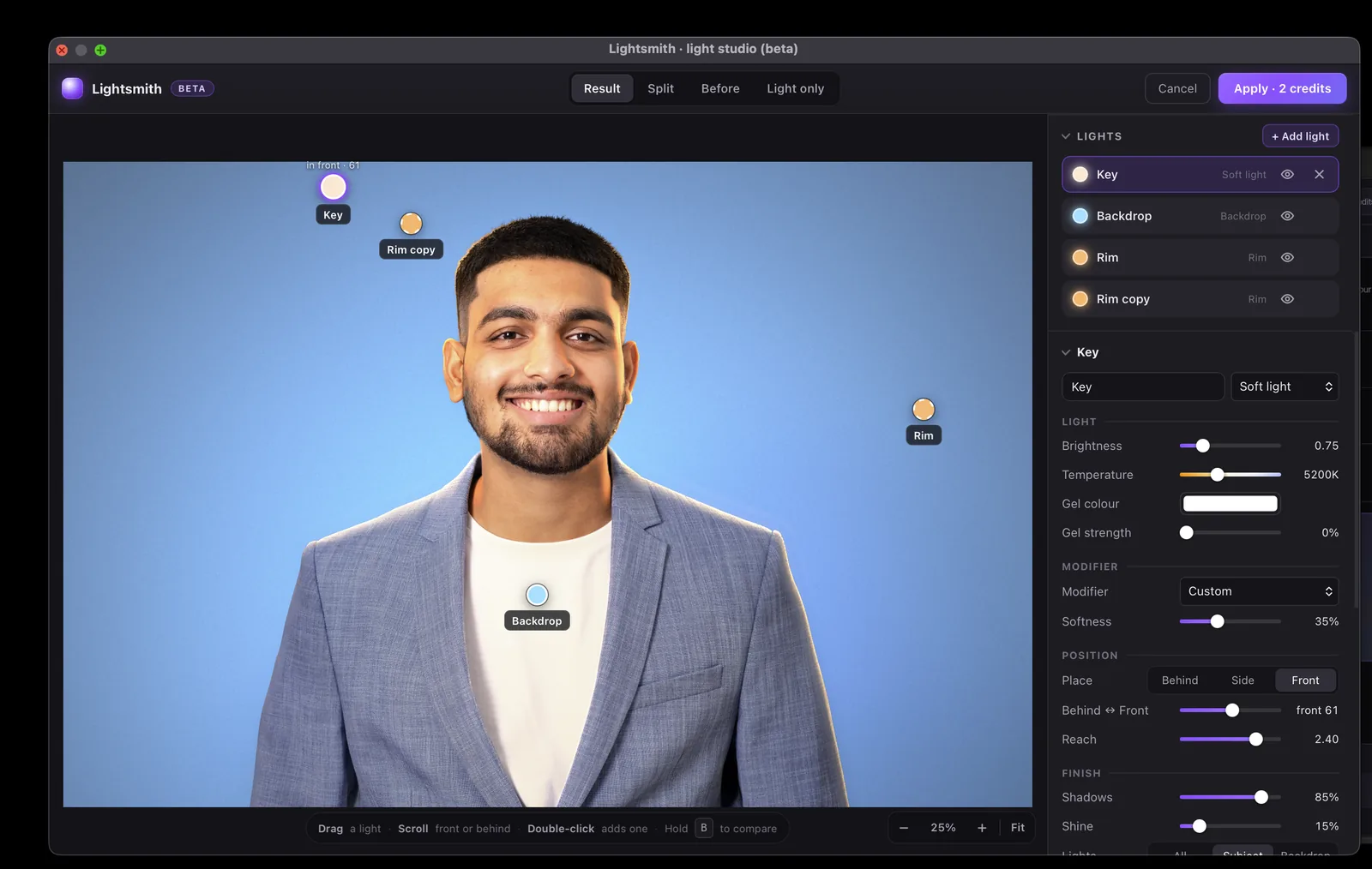Radbin's Lightsmith studio in Photoshop: a portrait lit by a key light, two rim lights and a backdrop light, with the light settings on the right