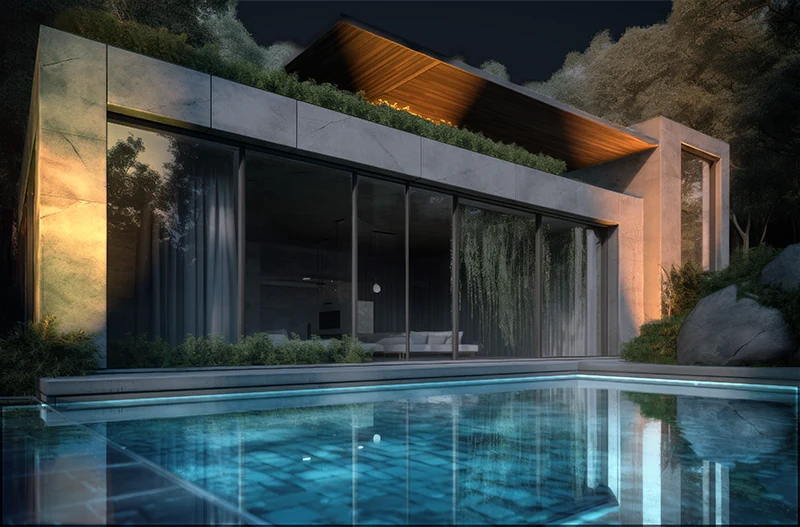 A modern villa with a pool, relit from day to night in Lightsmith, at night