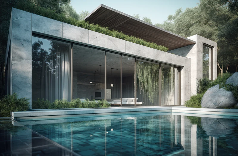 A modern villa with a pool, relit from day to night in Lightsmith, in daylight