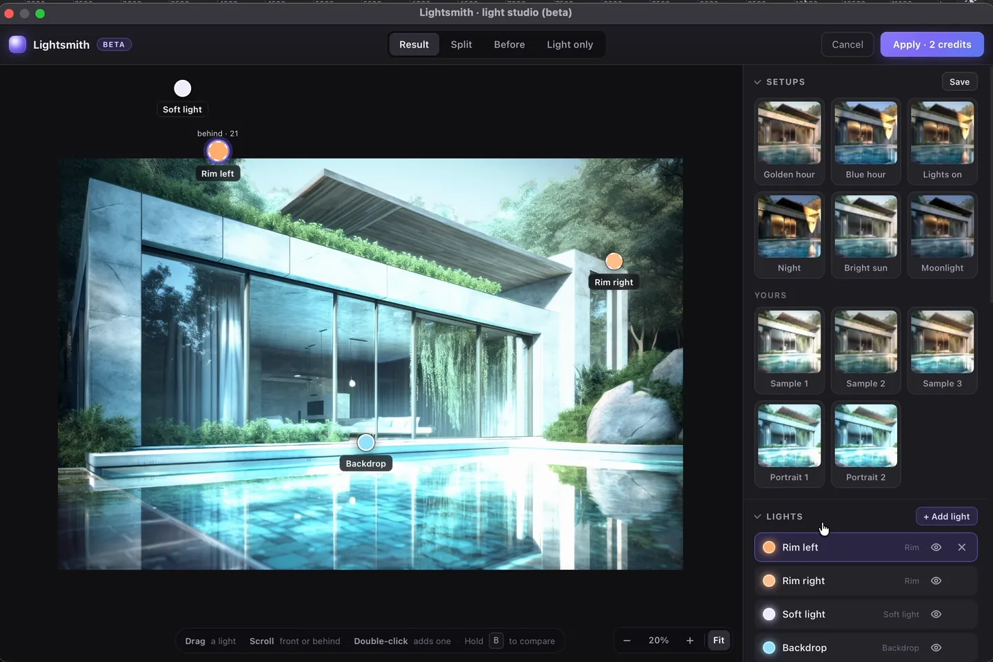Lightsmith opened on a villa: setups for exteriors (Golden hour, Blue hour, Lights on, Night, Bright sun, Moonlight) and the lights from the last photo