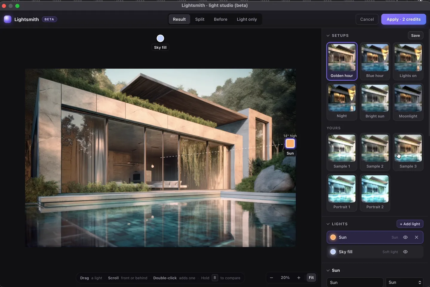 The villa with Lightsmith's Golden hour setup: low warm sunlight across the walls