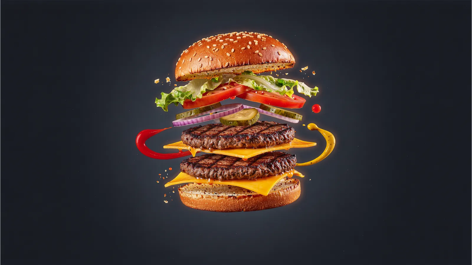 Nano Banana 2.1's burger ad: a double cheeseburger with every layer and the sauces floating on a dark background