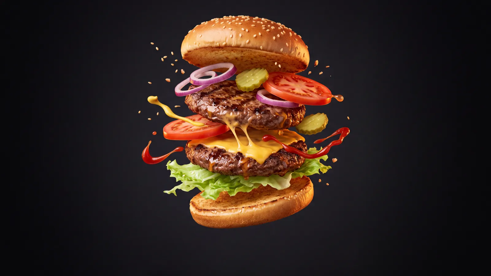 A floating burger ad made with Nano Banana 2.1, with cheese, tomato, onion and sauce in mid-air on a dark background
