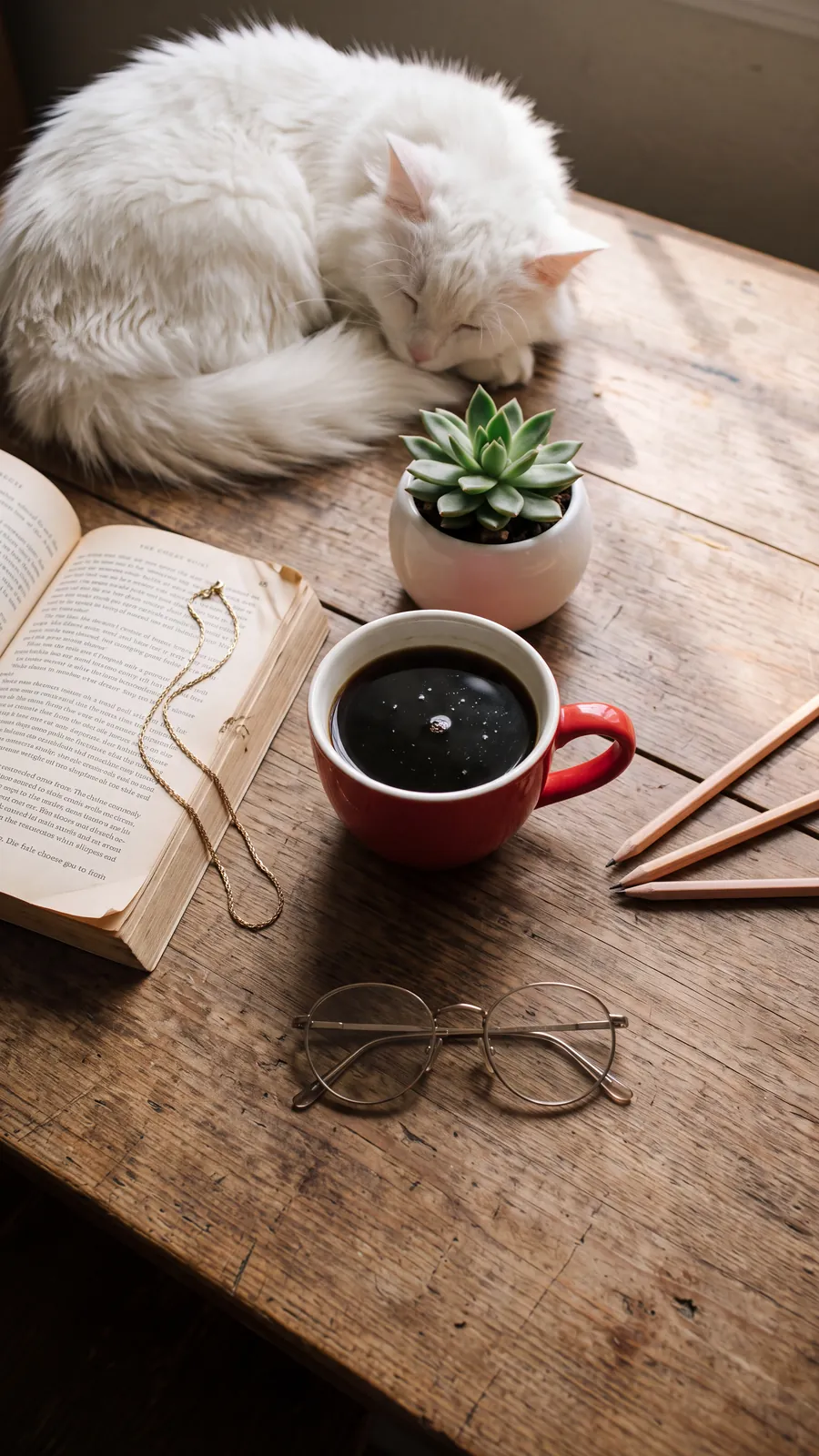 A cosy still life made with Nano Banana 2.1: a white cat asleep on a wooden table beside a book, a cup of coffee, glasses and a small plant