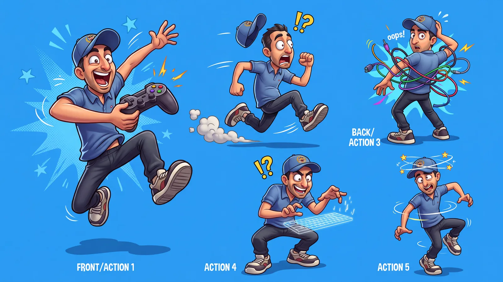 A cartoon character sheet made with Nano Banana 2.1: the same man in a blue cap and polo shirt in five action poses on a blue background