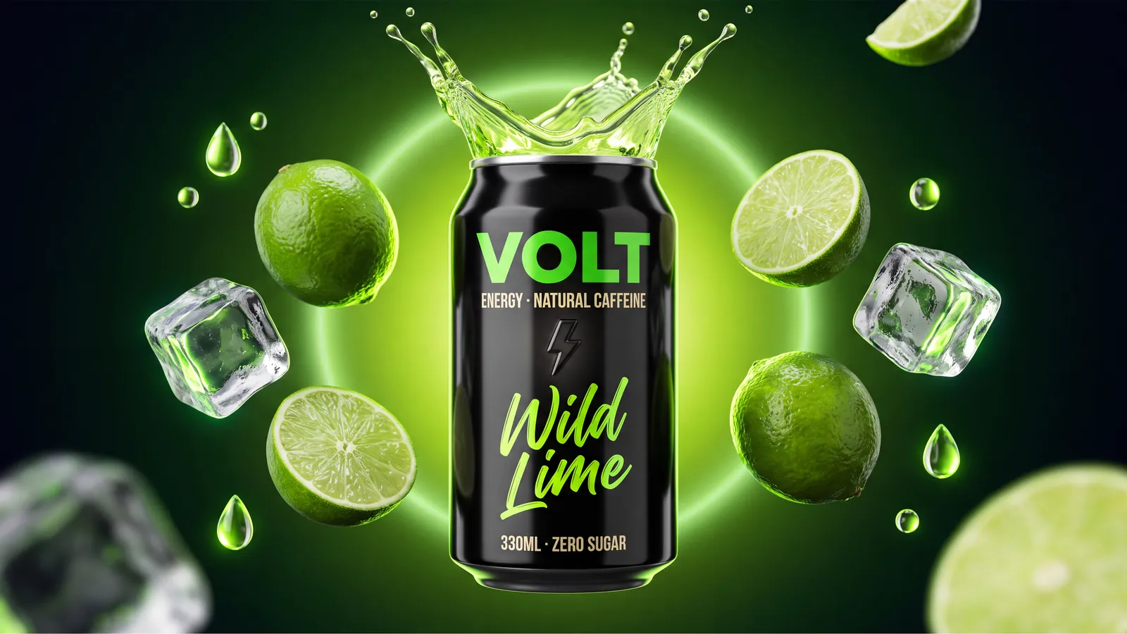 An energy drink ad made with Nano Banana 2.1: a black VOLT Wild Lime can with limes and ice cubes floating around it