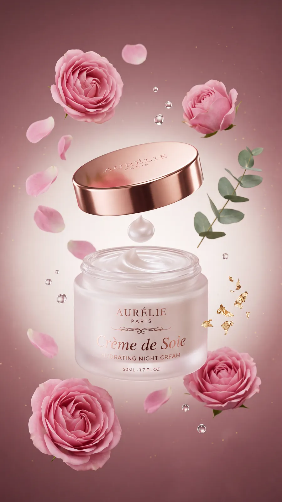 A face cream ad made with Nano Banana 2.1: an Aurélie Paris Crème de Soie jar among pink roses