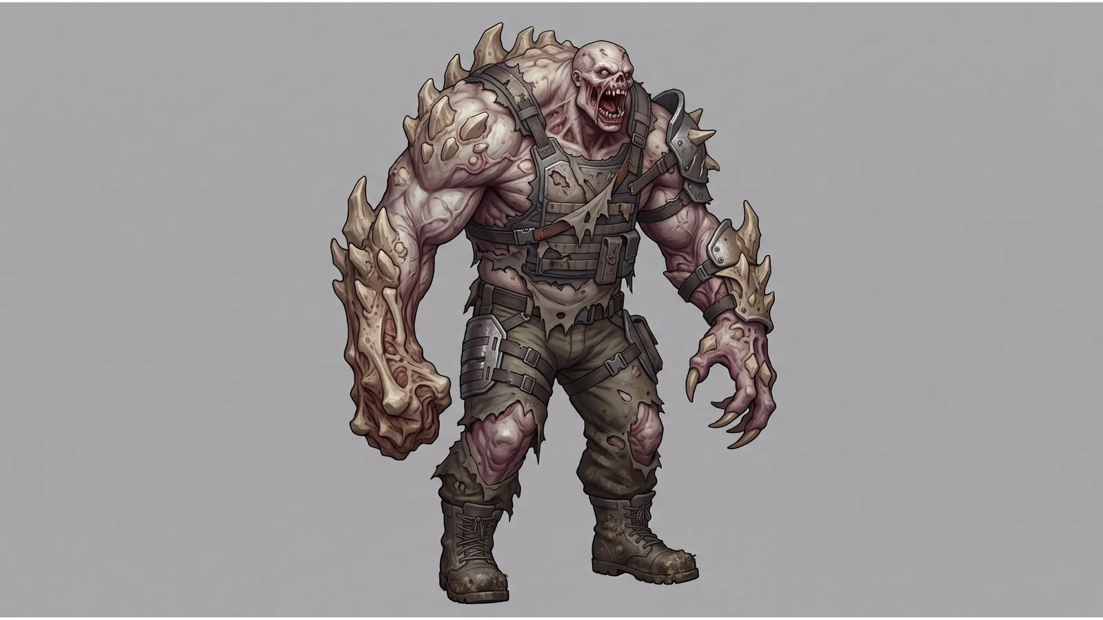 A video game monster made with Nano Banana 2.1: a hulking armoured creature with bony spikes on a grey background