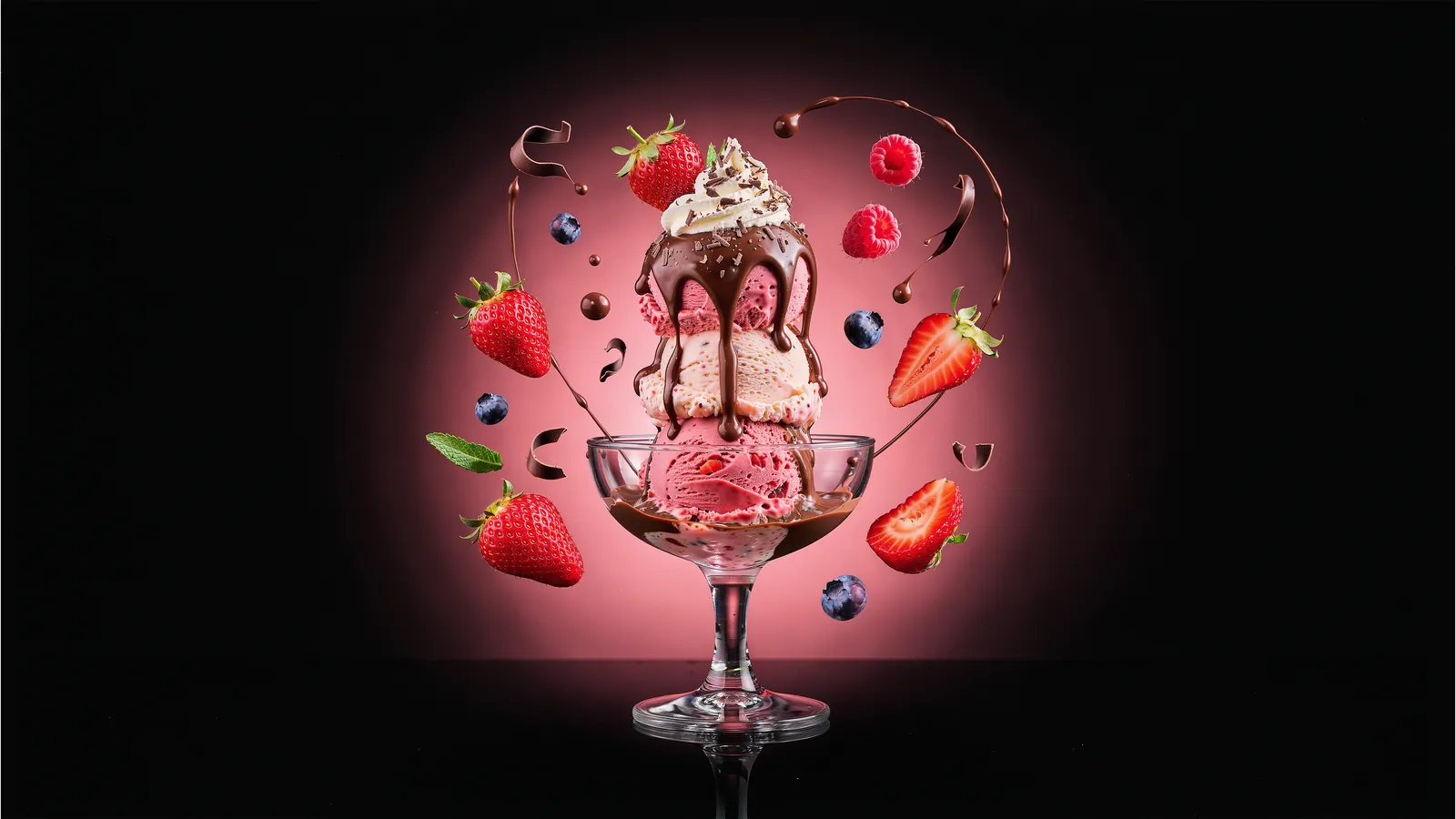 Nano Banana 2.1's strawberry ice cream ad: a sundae in a glass coupe with strawberries and chocolate in mid-air