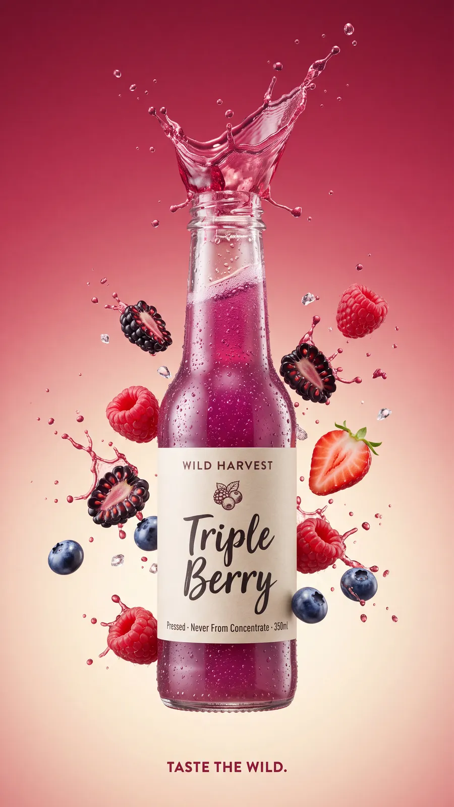 A juice ad made with Nano Banana 2.1: a Wild Harvest Triple Berry bottle with a splash and berries