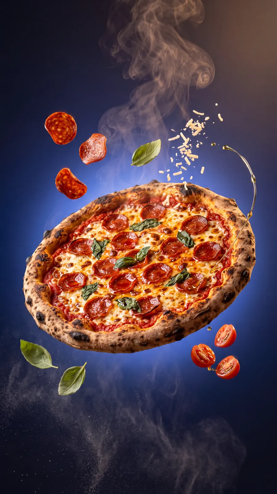 A pepperoni pizza ad made with Nano Banana 2.1, the pizza flying with toppings and smoke on a blue background