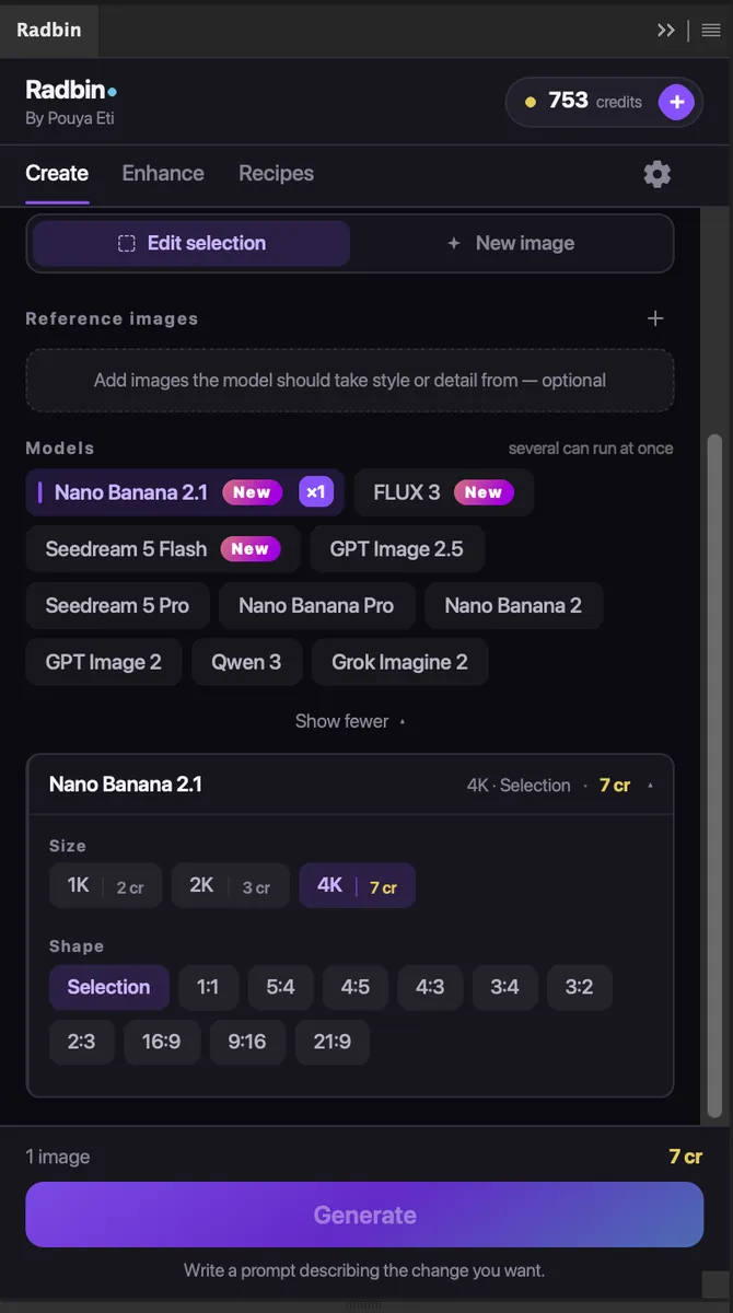 The Radbin panel in Photoshop: the Create tab with Nano Banana 2.1 selected, size set to 4K at 7 credits and shape set to Selection