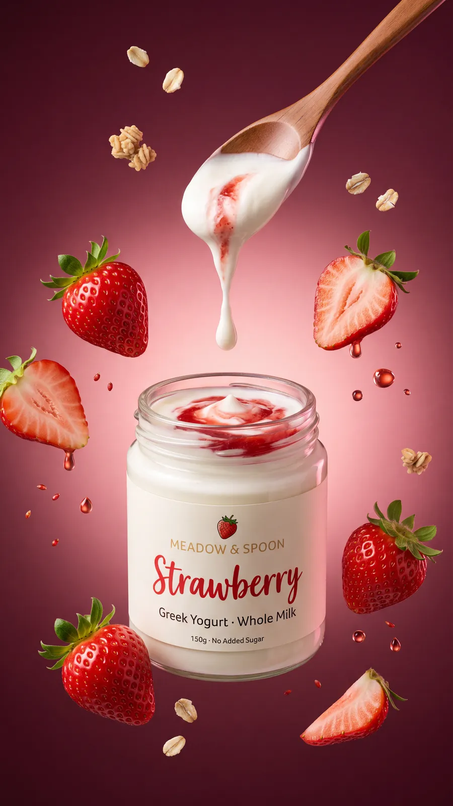 A strawberry Greek yogurt ad made with Nano Banana 2.1: a Meadow and Spoon jar with a spoon of yogurt and floating strawberries
