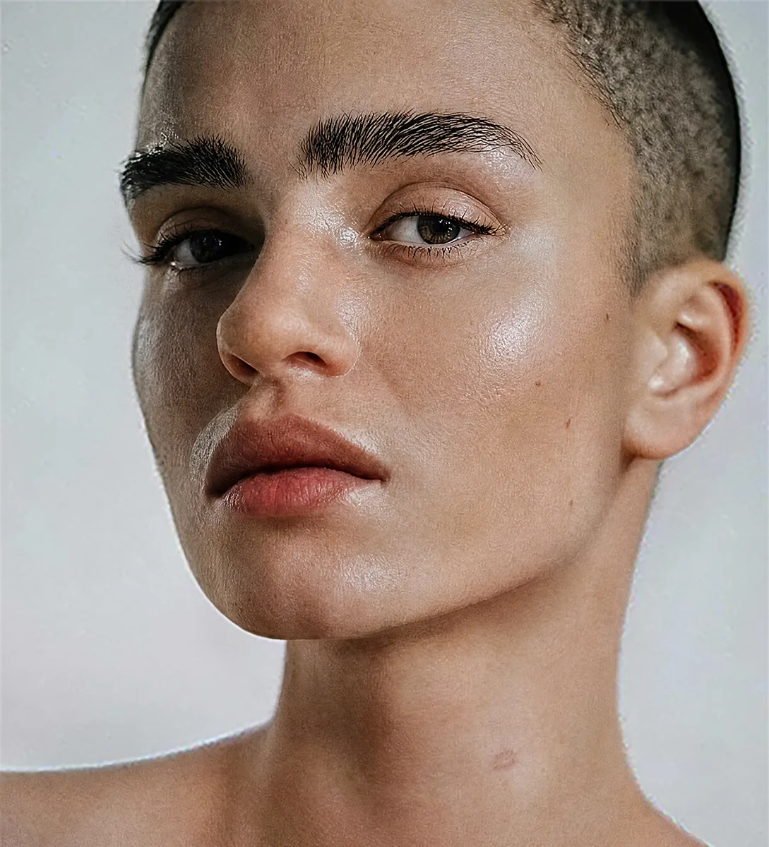 Studio portrait retouched by Cherry, skin shine kept — after