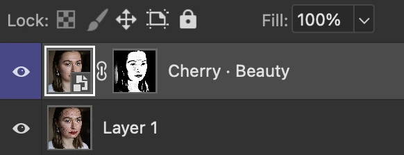 Photoshop's Layers panel: the Cherry layer with its mask above the original