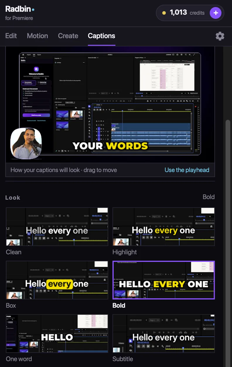 The Captions tab: a preview on the video and six looks: Clean, Highlight, Box, Bold, One word and Subtitle