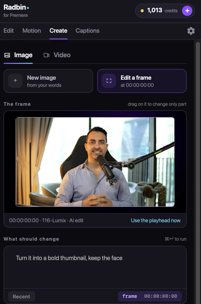 The Create tab, Image: editing the frame at the playhead with a sentence