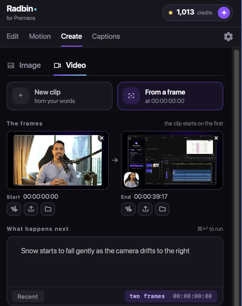The Create tab, Video: a clip from a start frame and an end frame