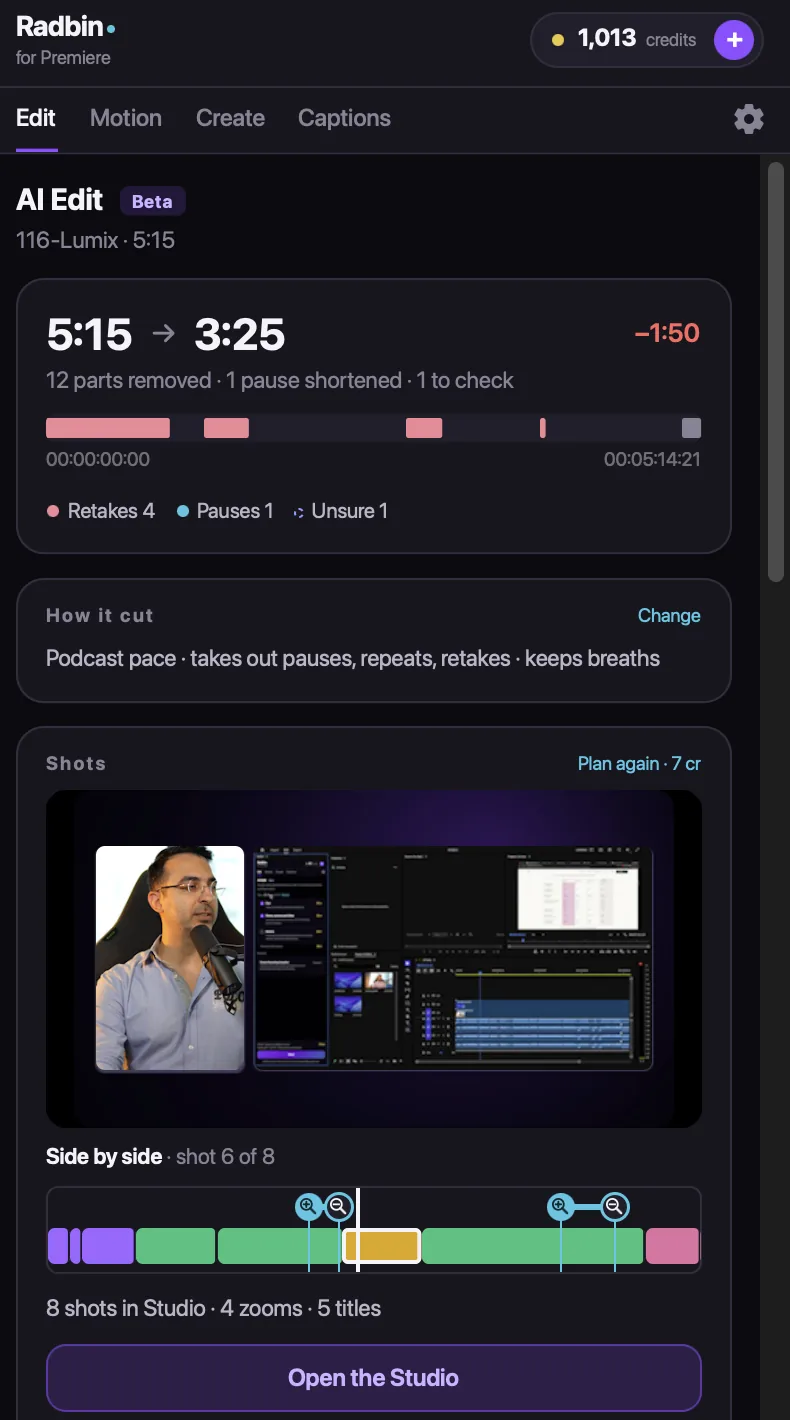 The Edit tab after AI Edit: 5:15 to 3:25, 12 parts removed, the shots planned and the Open the Studio button