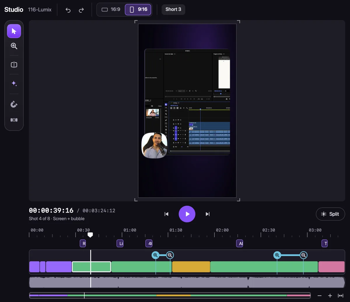 The Studio in 9:16: the screen recording with the speaker in a bubble, for a vertical short