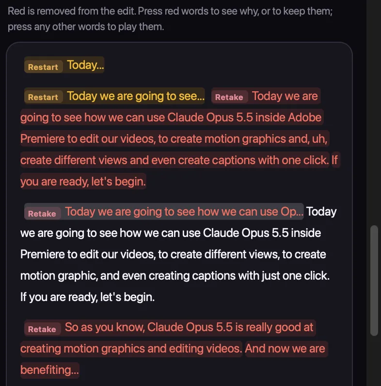The transcript with retakes and restarts marked in red
