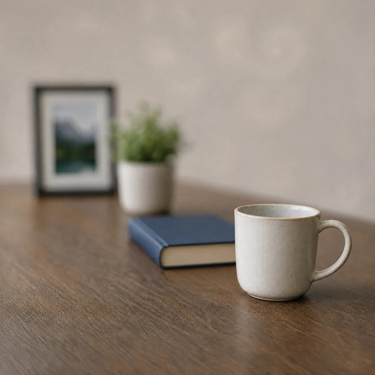 A desk refocused by Radbin on four different objects — Mug