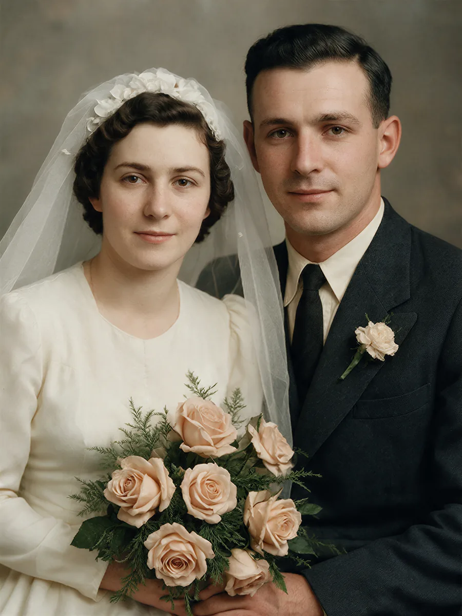 Sepia wedding photograph restored to colour by Radbin — after