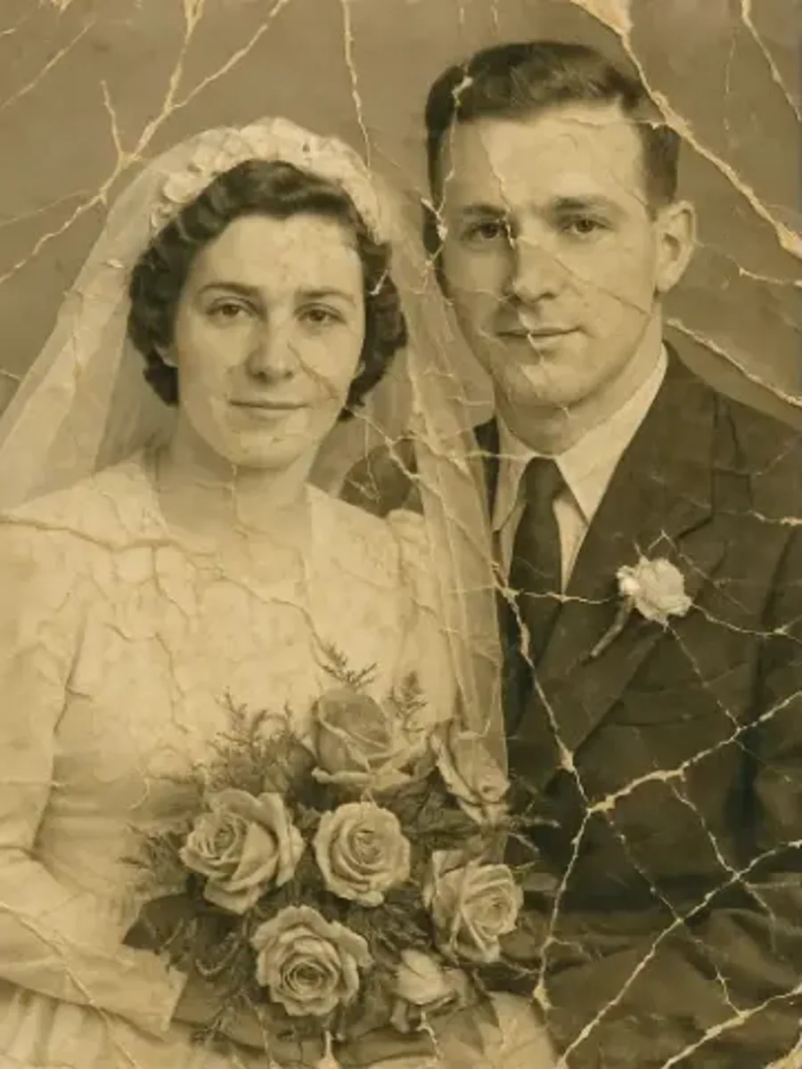 Sepia wedding photograph restored to colour by Radbin — before