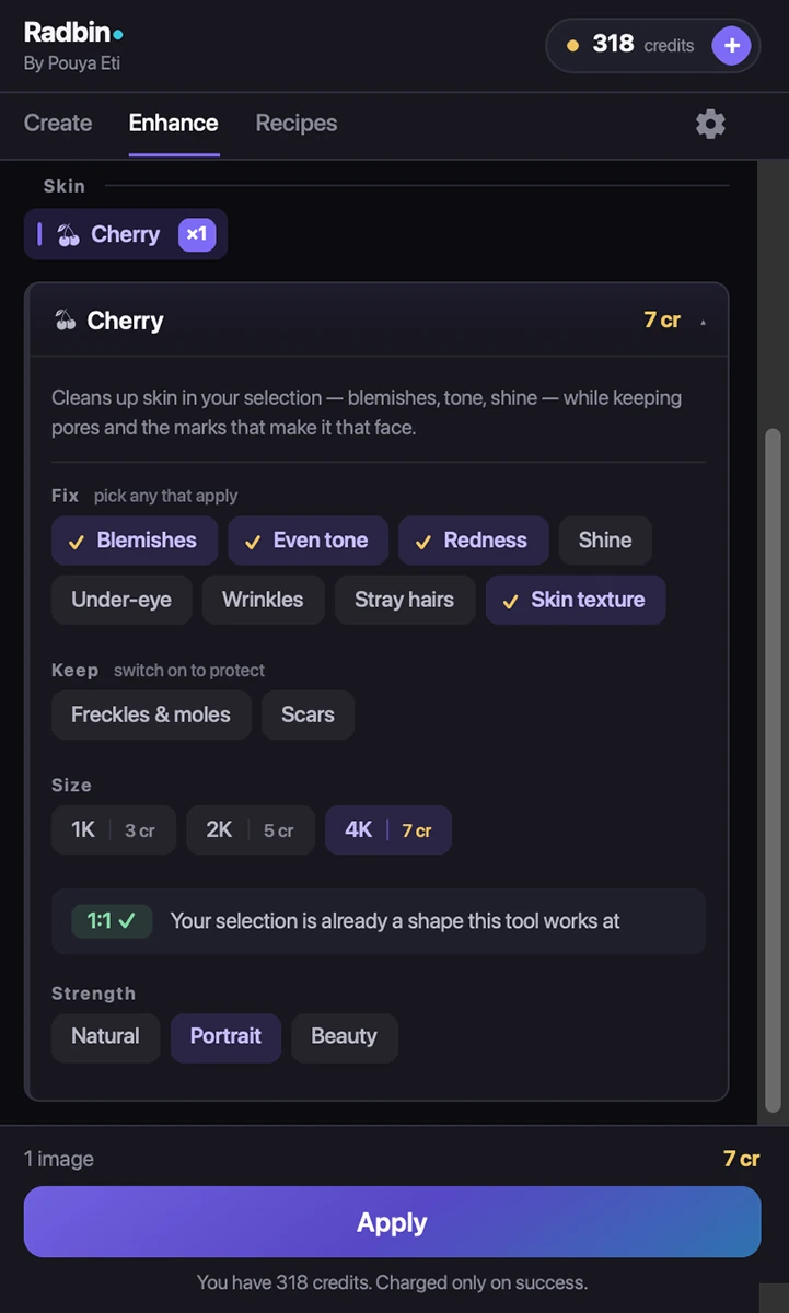 The Cherry tool in the Radbin panel: size, strength and the Apply button