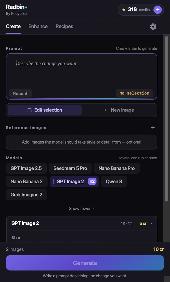 The Create tab in Radbin: model chips, prompt box, reference images, size and Generate button
