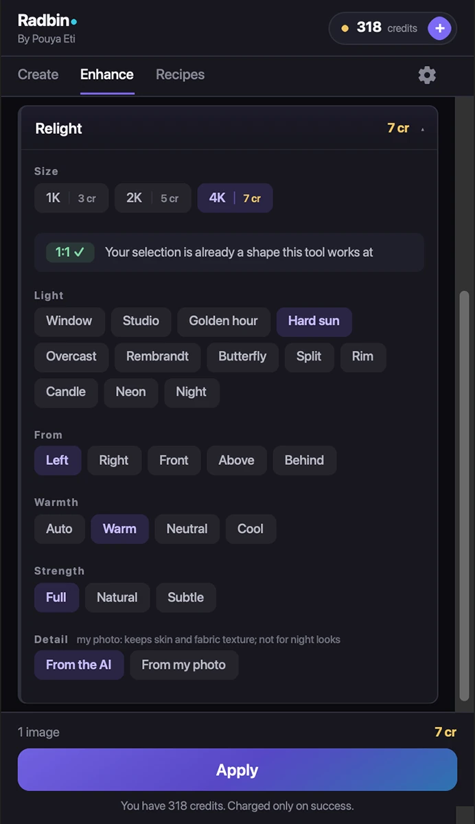 The Relight tool in the Radbin panel